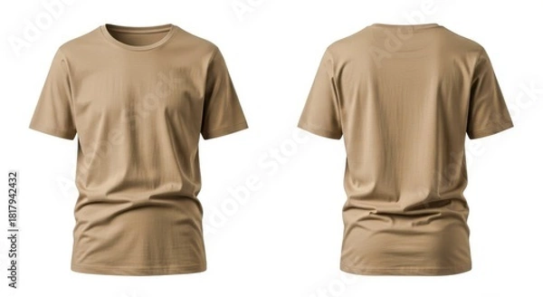 Fototapeta Two plain tan short sleeve t shirts shown from the front and back isolated on white background