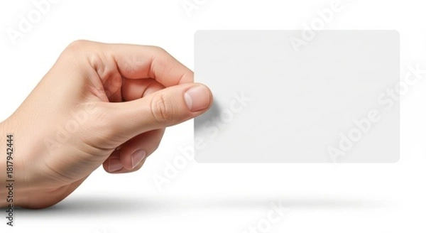 Fototapeta Human hand holding a blank white square card with rounded corners isolated on white background