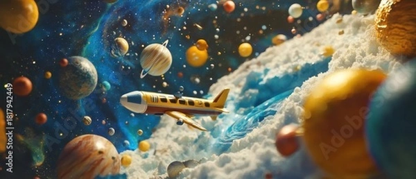 Fototapeta A whimsical airplane travels through a colorful cosmic scene.