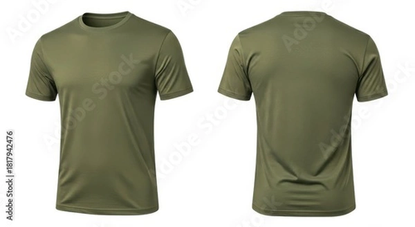 Fototapeta Two views of a plain olive green short sleeve t shirt apparel item isolated on white background
