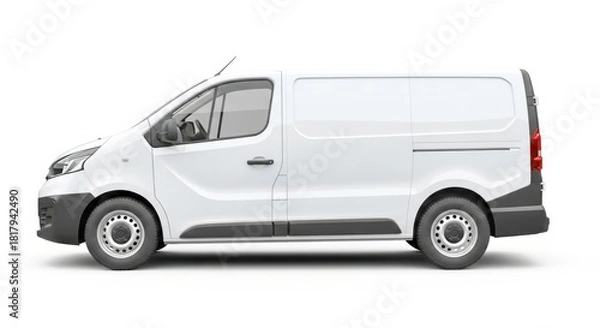 Fototapeta A clean white commercial panel van with tinted windows parked on a seamless white background isolated on white background