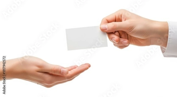 Fototapeta Close up of a hand in a white shirt sleeve offering a blank white business card to another open hand isolated on white background