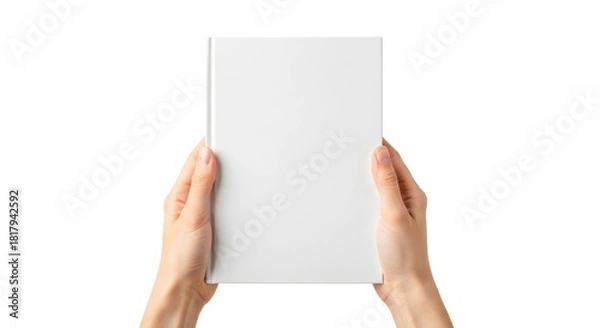 Fototapeta Two human hands holding a blank white rectangular object vertically isolated on white background