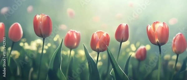 Obraz Beautiful pink tulips blooming in soft natural light.