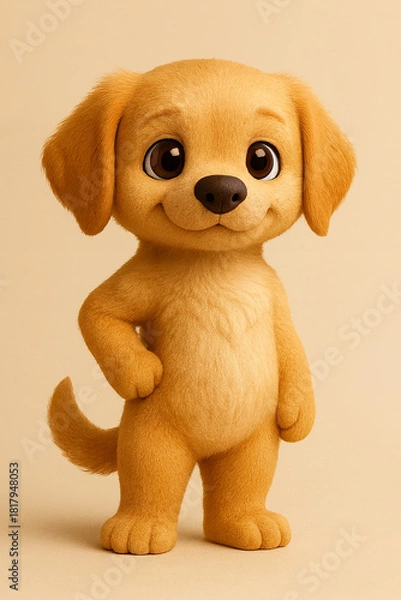 Fototapeta An adorable 3D cartoon puppy standing upright with a confident pose and a happy smile. The cute animated dog character has big expressive eyes.