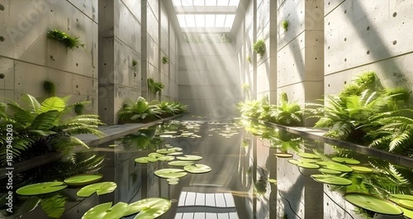 Fototapeta Modern Internal Lilly Pond Courtyard Minimalist Raw Concrete Japanese Style Dramatic Sunlight Beams Serene Water Reflection Lush Greenery Elegant Design Tranquil Ambiance (AI-Generated)