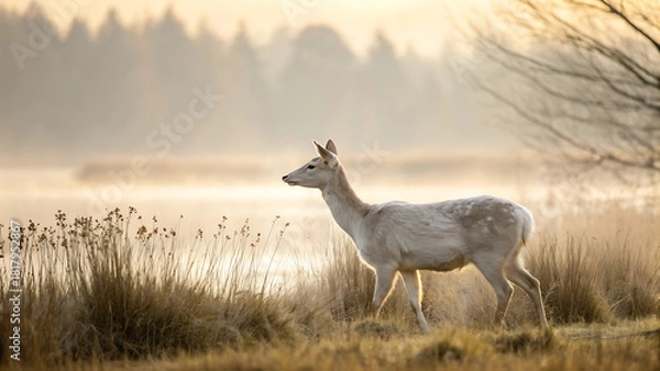 Fototapeta Albino deer walking in a field on a foggy morning
