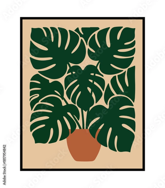 Fototapeta Monstera plant in clay pot with lush overlapping leaves minimalist vector art
