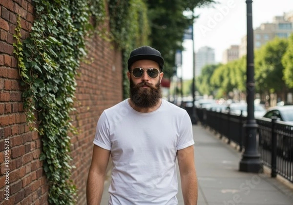 Obraz Hipster man with full beard and sunglasses wearing a white tshirt walks down a city sidewalk next to a brick wall covered in ivy