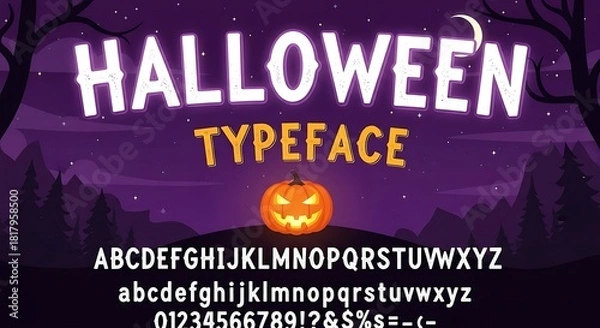 Fototapeta Halloween typeface with spooky font and pumpkin alphabet