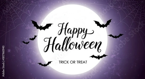 Fototapeta Happy Halloween text with bats and spider web on moon background