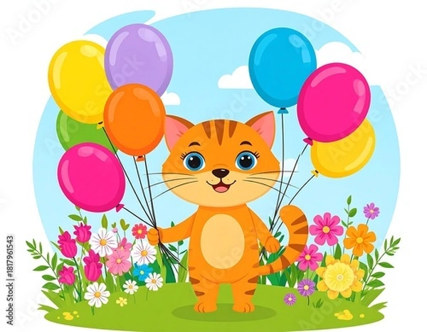 Fototapeta Cartoon cat in a field holding colorful balloons, sunny sky