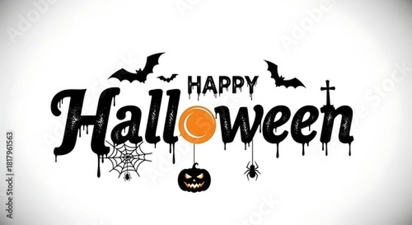 Fototapeta Happy Halloween Text with Bats Spiders and Pumpkin on White