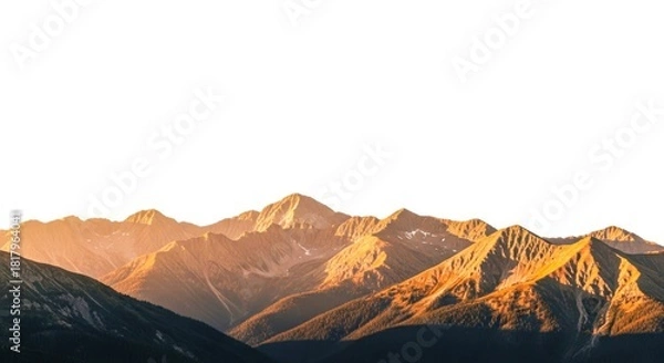 Fototapeta Majestic mountain range illuminated by golden hour sunlight with a vast white background isolated on white background
