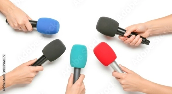 Fototapeta Multiple hands holding colorful microphones in a circle isolated on white background