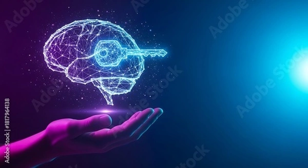 Fototapeta Human Brain with Key and Hand in Neon Light mind intelligence