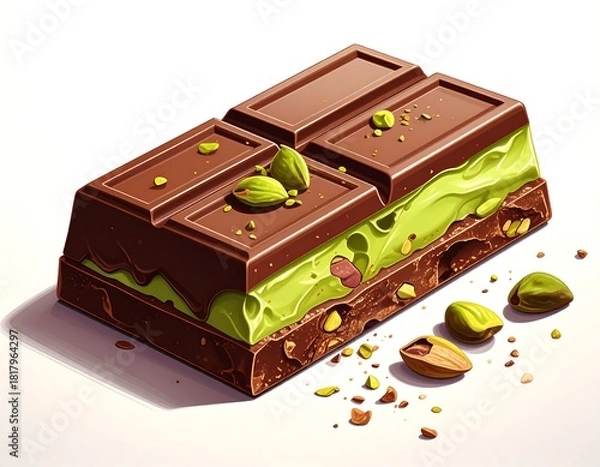Fototapeta Chocolate bar with pistachio filling and toppings on white backdrop