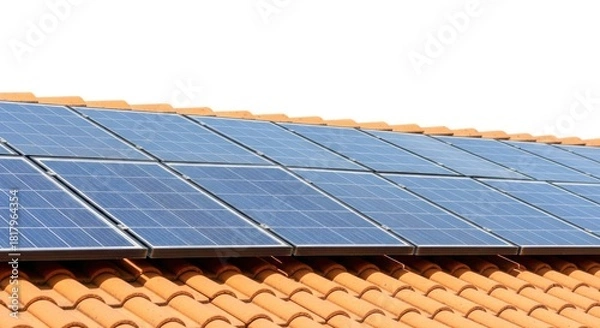 Fototapeta A close up view of a residential rooftop covered with multiple dark blue solar panels installed on terracotta tiles isolated on white background