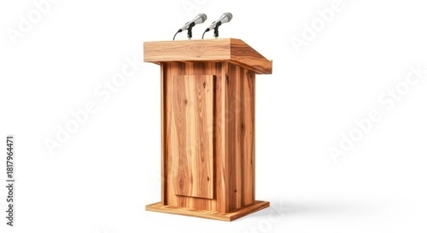 Fototapeta A sturdy wooden podium with two microphones stands ready for a presentation isolated on white background
