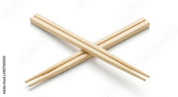 Fototapeta Two light brown wooden chopsticks are crossed in an x shape on a clean white background isolated on white background