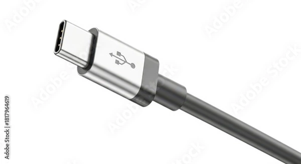 Fototapeta Close up of a modern silver usb type c connector with a black cable isolated on white background