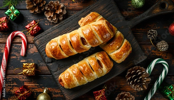 Fototapeta A festive Christmas dinner setup in the UK featuring golden-brown pastries on a wooden board surrounded by candy canes pinecones and ornaments on a rustic table with a warm cozy mood.