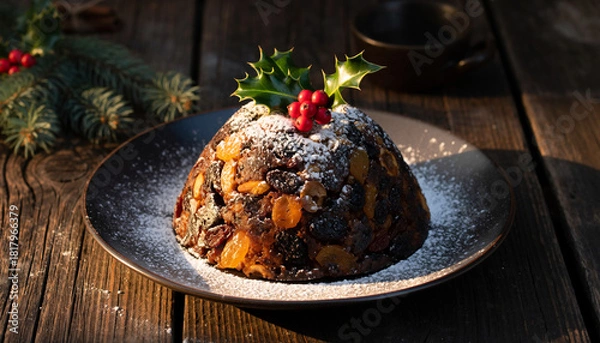 Obraz A traditional British Christmas pudding, dusted with powdered sugar and topped with holly, on a rustic wooden table in the UK.