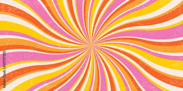 Obraz Retro radial background with pattern of groovy spiral wavy rays. Psychedelic summer bg. 70s abstract pink and orange striped poster. Funky sunburst backdrop. Vector illustration