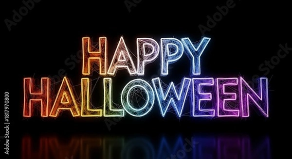 Fototapeta Neon Happy Halloween text with glowing effect Keywords: Halloween, text, neon, glowing, light