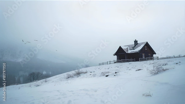 Fototapeta Winter Solitude A Rustic Cabin on a Snow-Covered Hill Under a Cloudy Sky