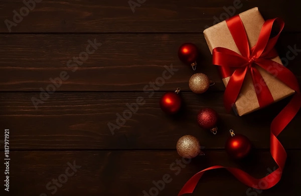 Fototapeta A brown gift box with a shiny red ribbon sits beside glittering ornaments on a dark wooden surface.
