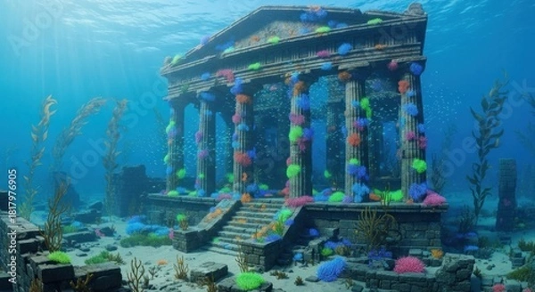 Fototapeta Sunken Temple Ruins: Vibrant Coral Encrusted Ancient Architecture Underwater