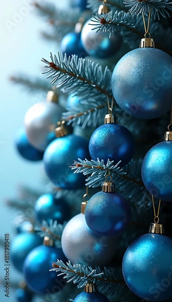 Obraz Close up view of numerous blue and silver ornaments hanging on a frosted pine tree creating a winter atmosphere