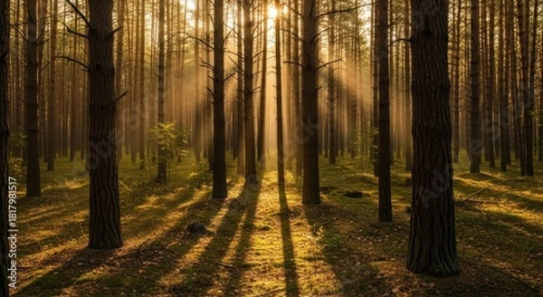 Fototapeta Sunlit Forest: Golden Rays Through Tall Trees, Creating Dramatic Shadows and a Serene Atmosphere
