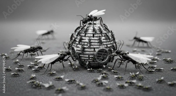 Fototapeta Surreal Ant Colony with Wings on Metallic Hive, Black and White