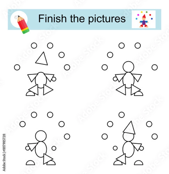 Obraz Activity for kids. Finish the pictures so that they all look the same. Cartoon juggler.