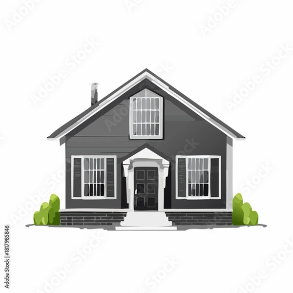Fototapeta Charming grayscale cartoon house illustration with a simple design and green bushes featuring