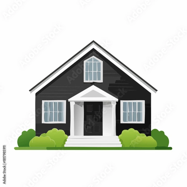 Fototapeta Charming Single-Family Home Illustration with Architectural Details and Verdant Landscaping