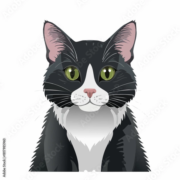 Fototapeta Charming Tuxedo Cat Portrait with Bright Green Eyes and Elegant Fur Design