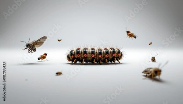 Fototapeta A captivating scene where several bees are buzzing around an elongated object that resembles a train made of chocolate