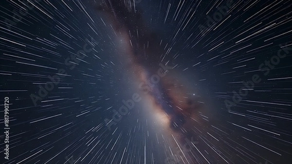 Obraz Star trails converging into a radiant point, piercing through the Milky Way in long exposure.