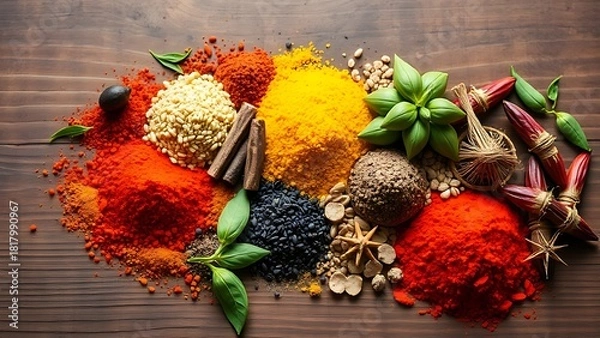 Fototapeta Colorful spices arranged artistically on a rustic wooden table.