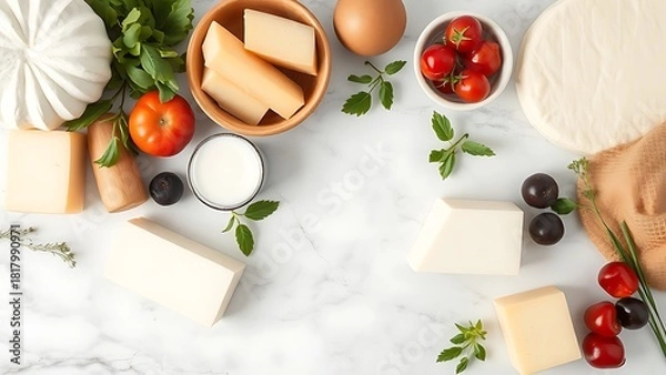 Obraz An array of fresh dairy products artfully arranged on a marble surface, showcasing natural textures.