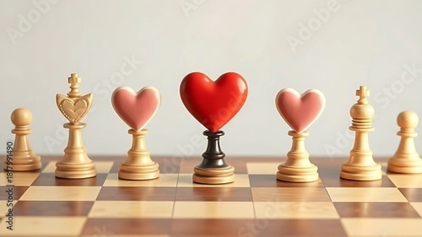 Obraz Symbolic chessboard with heart-shaped pieces at varied positions, depicting romantic timing dynamics.
