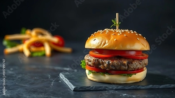 Obraz Gourmet burger isolated on a dark slate surface, close-up view highlighting textures.