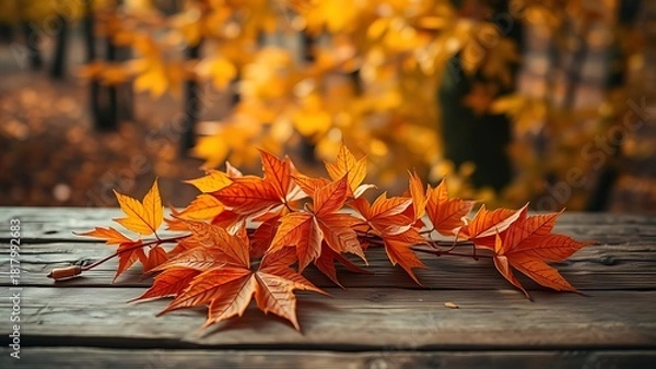 Obraz Wooden table with autumn orange leaves in a rustic seasonal composition.