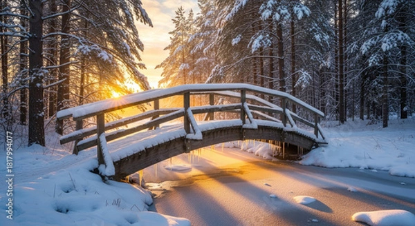 Obraz Golden Sunrise Light Shining through Trees onto a Snow Covered Bridge.