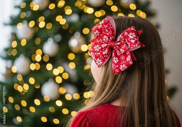Fototapeta Little girl with a red bow in her hair looking at a christmas tree