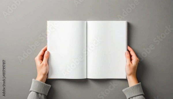 Fototapeta Hands holding open blank magazine or catalog on gray background table, minimalistic scene, concept of advertising.