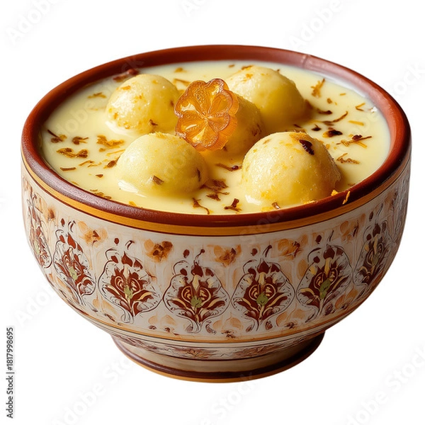 Fototapeta delicious sweet dish served in a decorative bowl, featuring soft dumplings in creamy sauce topped with a floral garnish PNG image, transparent background